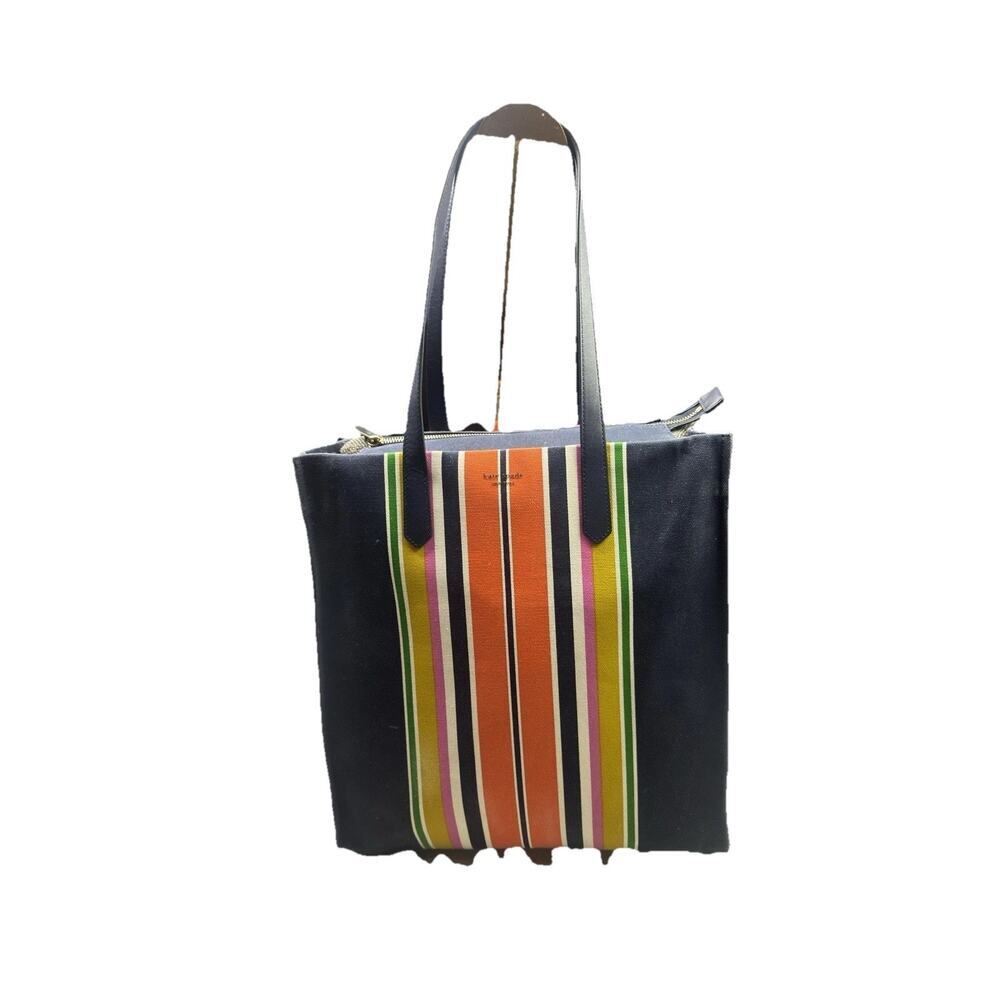 Kate Spade Large north south canvas tote with multicolored stripe detailing blue